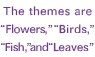 The themes are “Flowers,” “Birds,” “Fish,” and “Leaves”